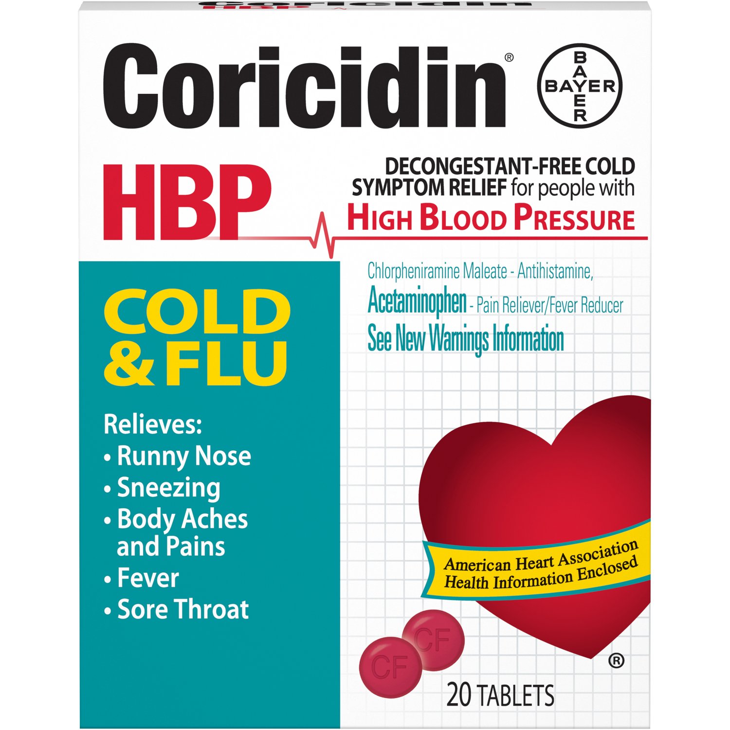 Coricidin HBP Cold Flu Relief Tablets High Blood Pressure 20 Tablets