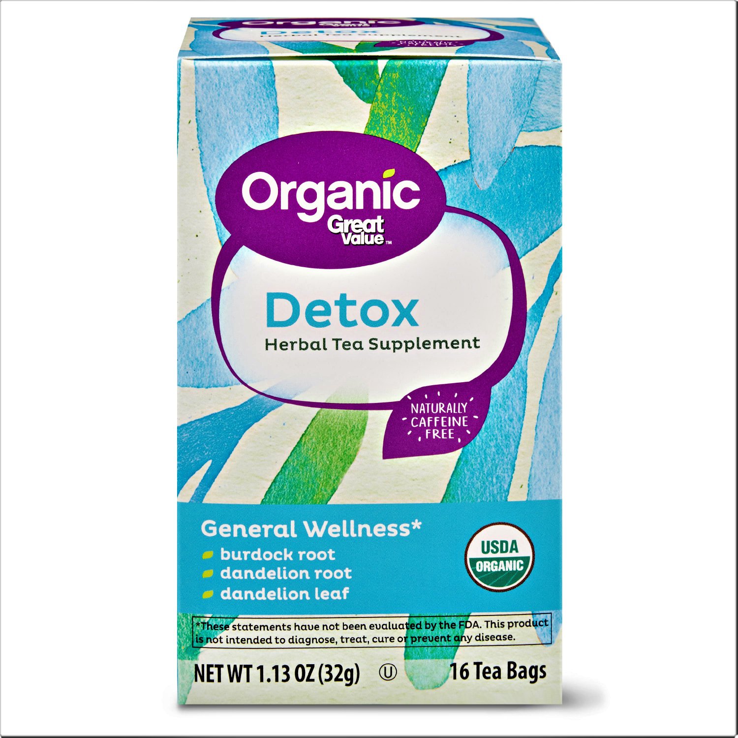 Great Value Organic Herbal Tea Supplement Detox (1.13 oz 16 Tea Bags Box) 2 Boxes