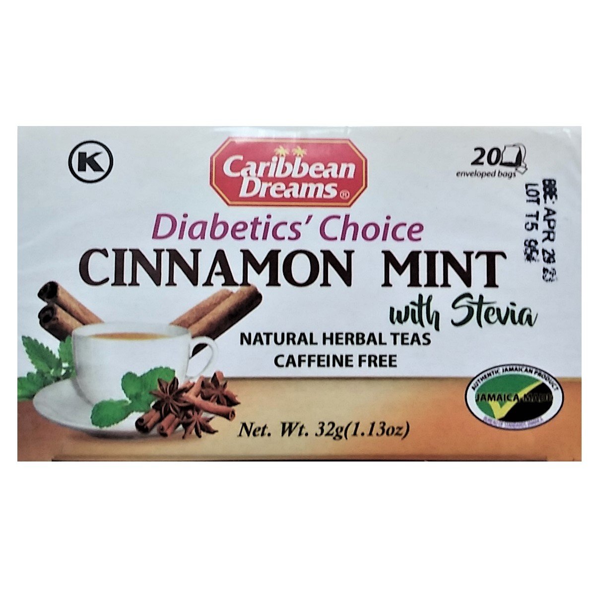Caribbean Dreams Diabetics Cinnamon Mint with Stevia (20 Tea Bags Box) 2 Boxes