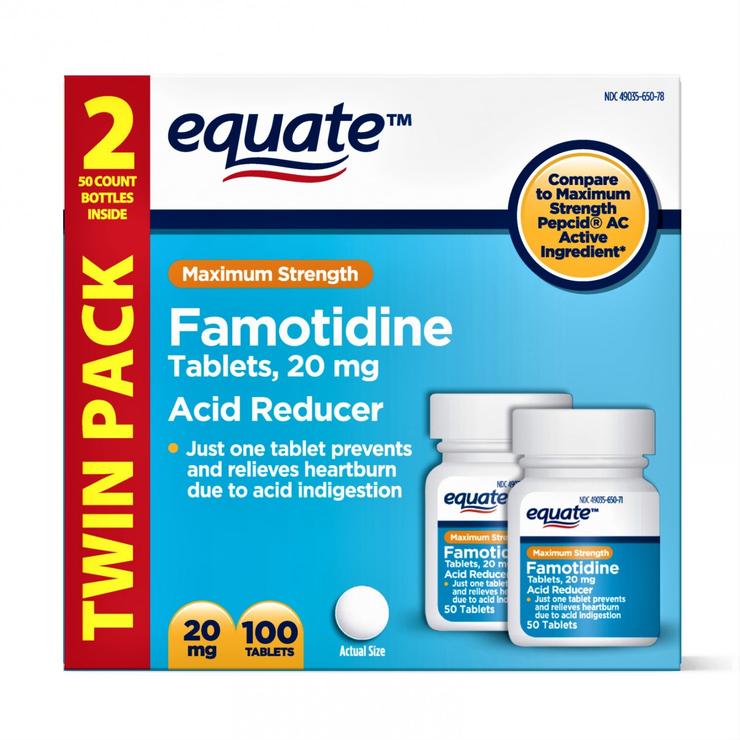 Equate Maximum Strength Acid Reducer Famotidine Tablets 20 mg 100 Tablets