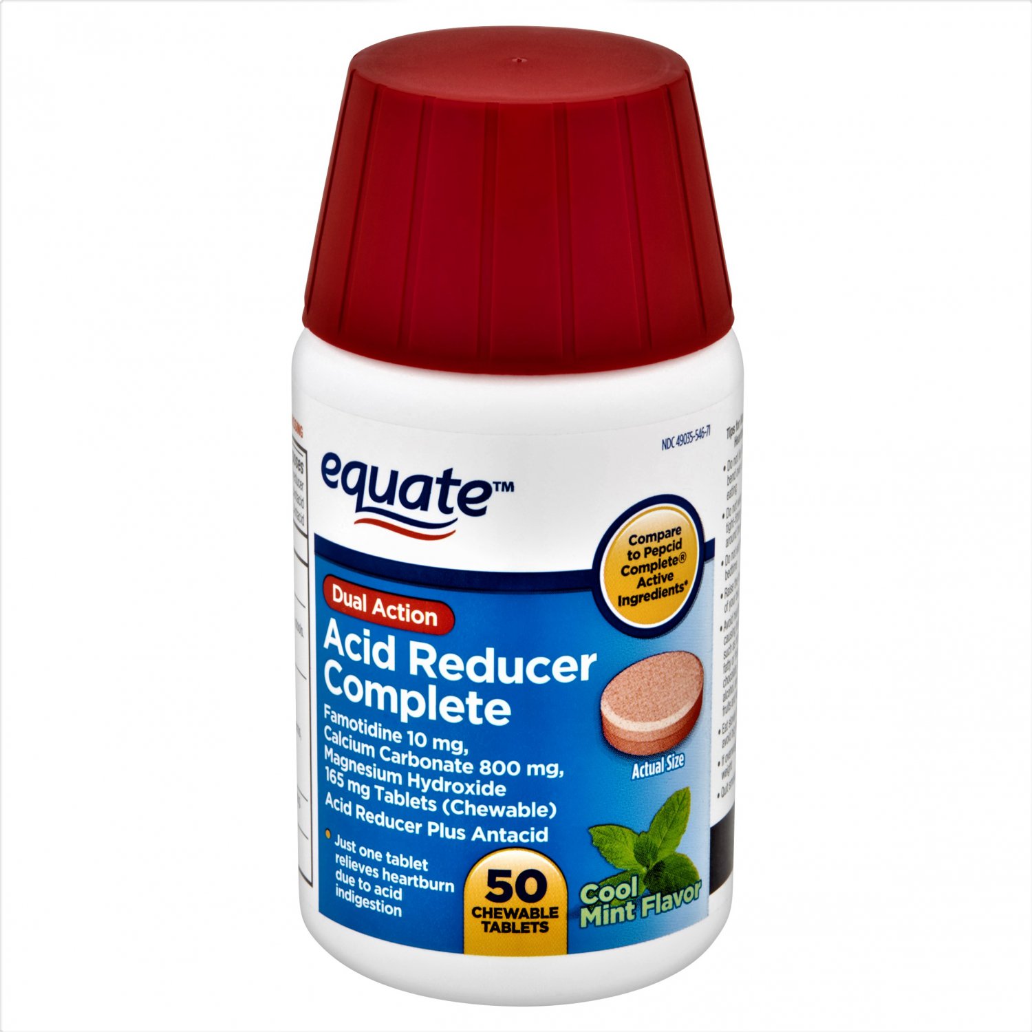 Equate Dual Action Acid Reducer Complete Chewable Tablets Mint Flavor 50 Count