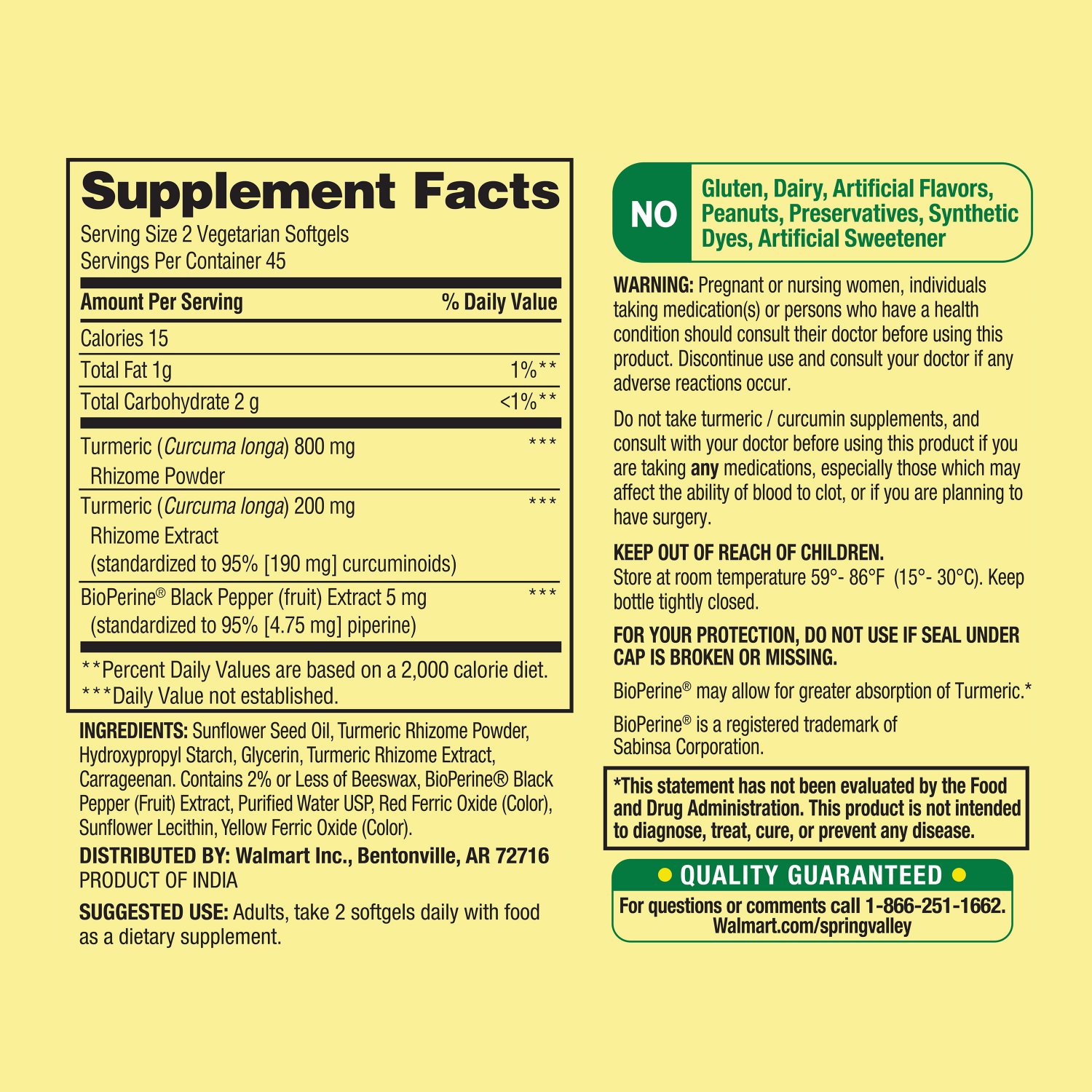 Spring Valley Turmeric Curcumin Complex Vegetarian Softgels 1000mg 90 Count