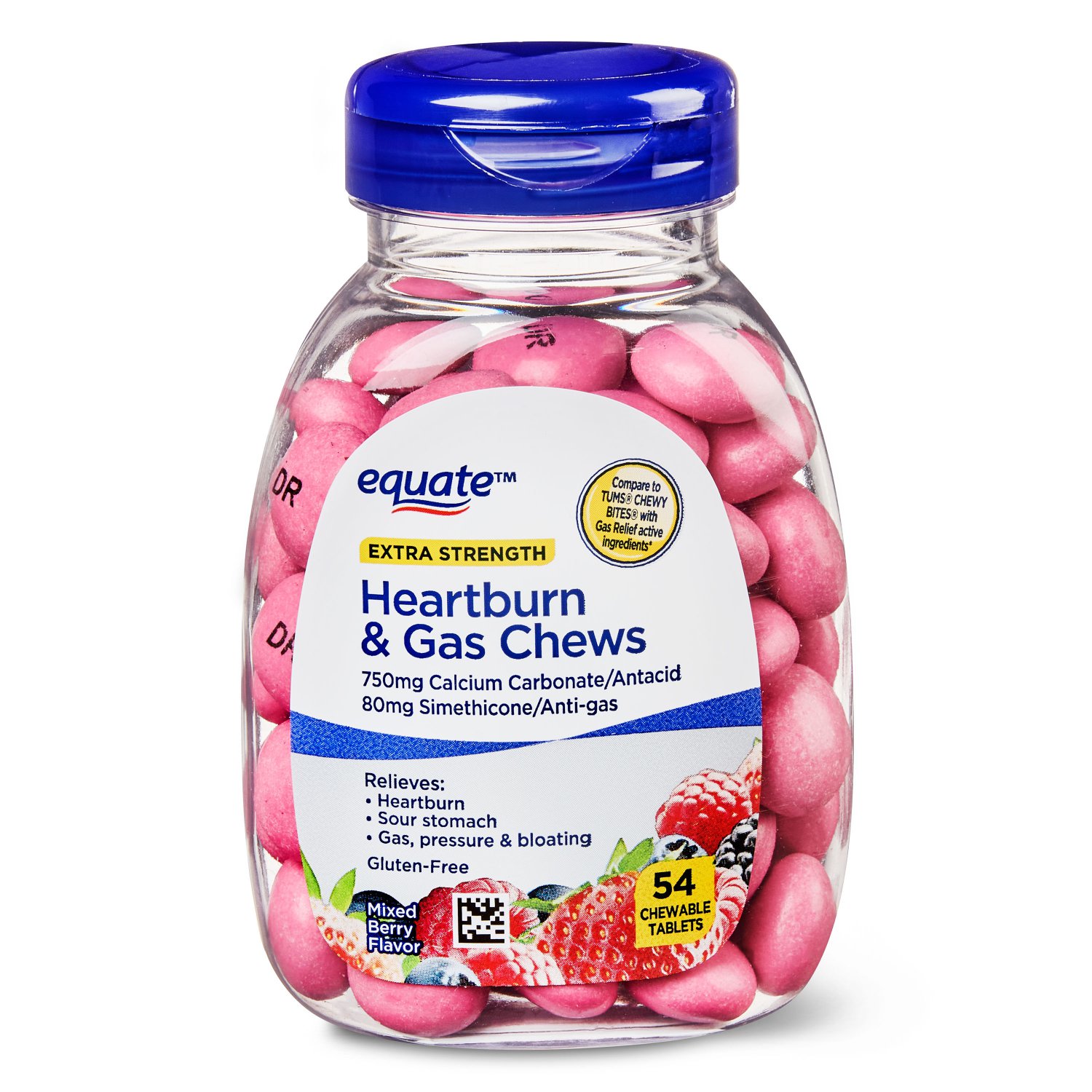 Equate Extra Strength Heartburn + Anti-Gas Chews Mixed Berry Flavor 54 ...