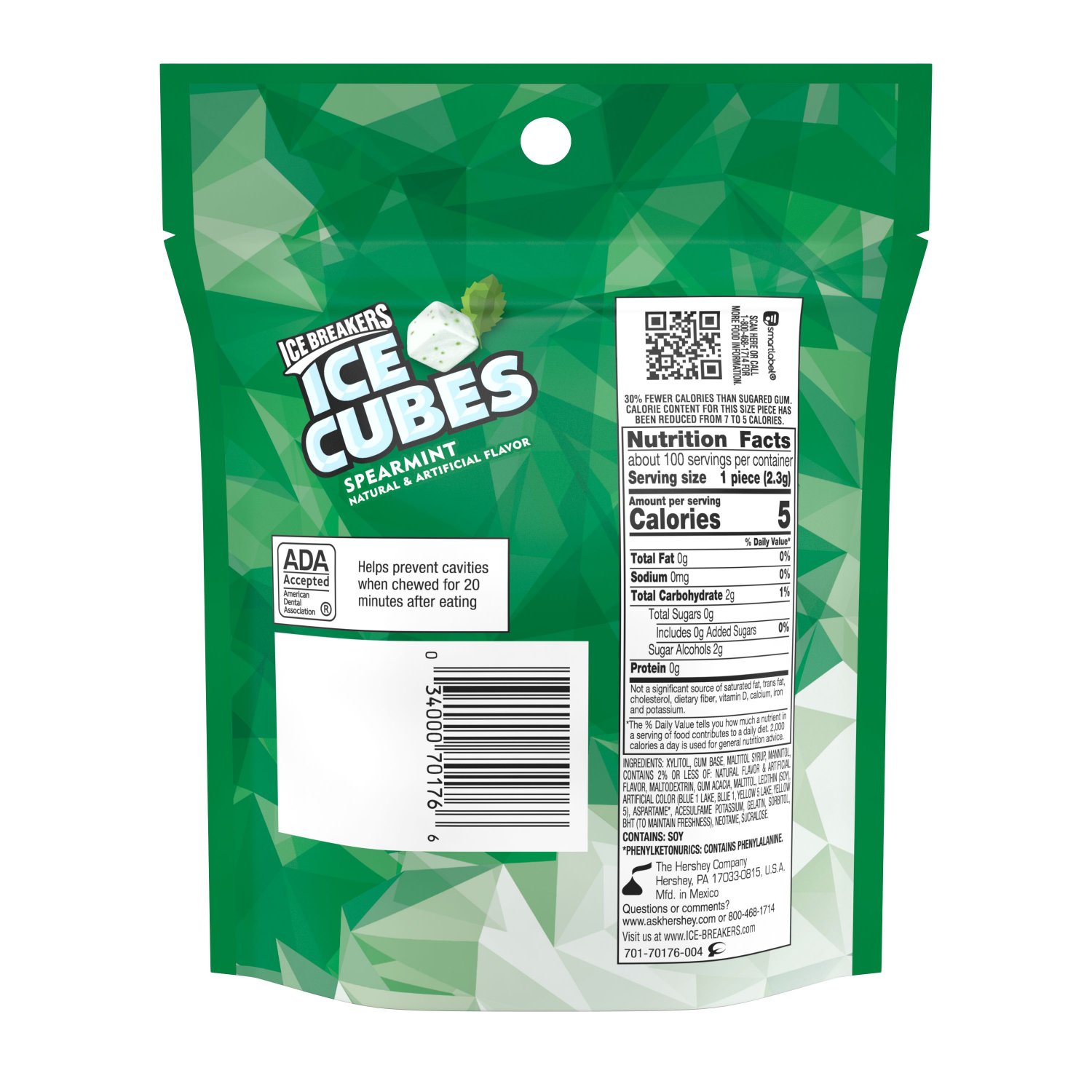 Ice Breakers Ice Cubes Spearmint Flavor Sugar Free Gum 100 Count Bag