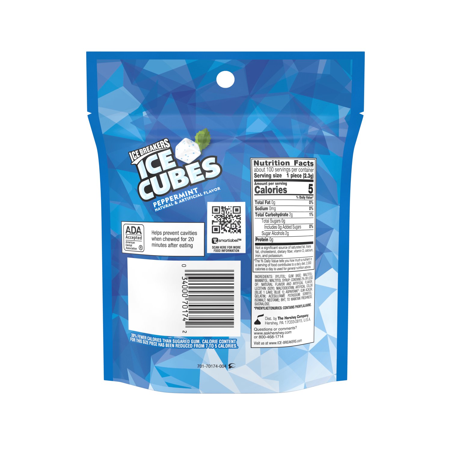 Ice Breakers Ice Cubes Peppermint Flavor Sugar Free Gum 100 Count Bag
