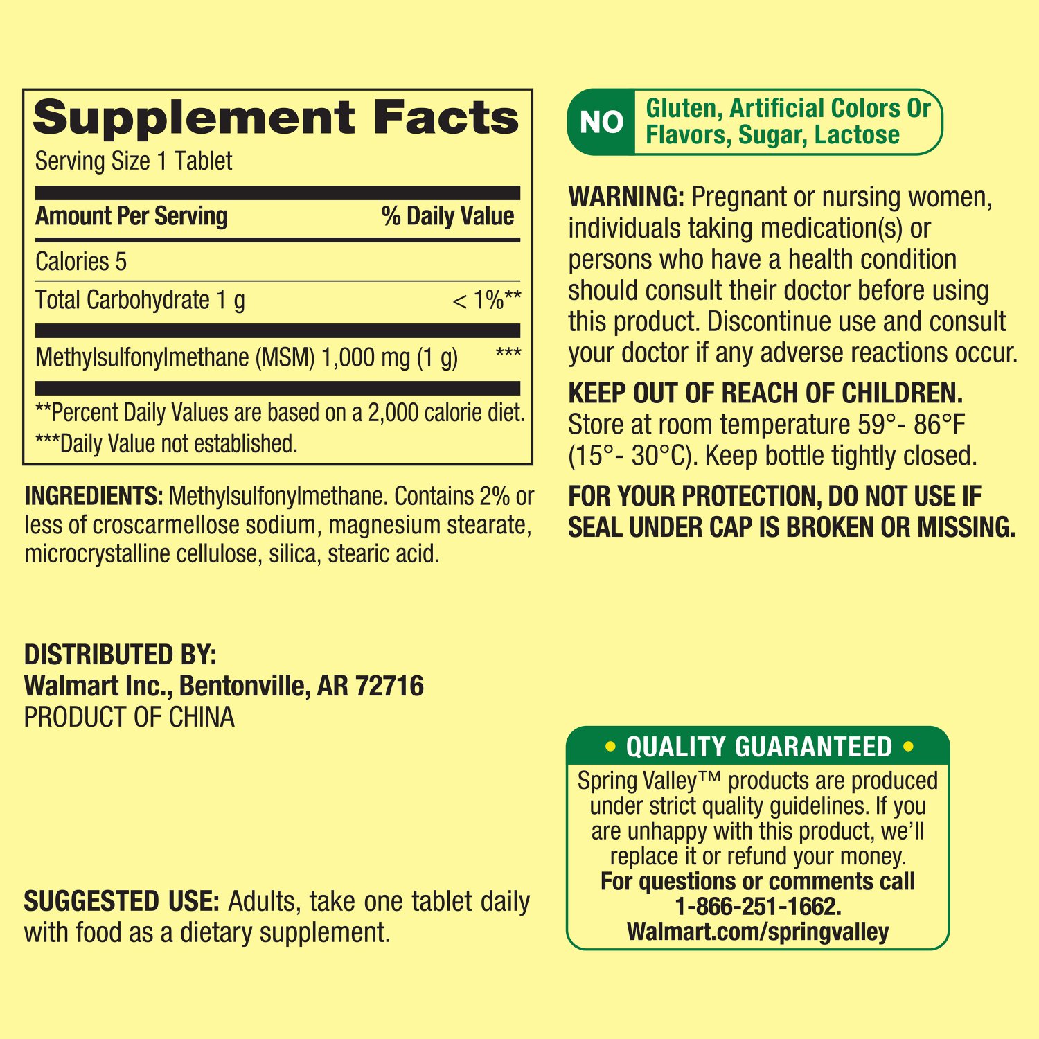 Spring Valley MSM Tablets 1000 mg Joint Health 90 Tablets (Exp. 03/24)