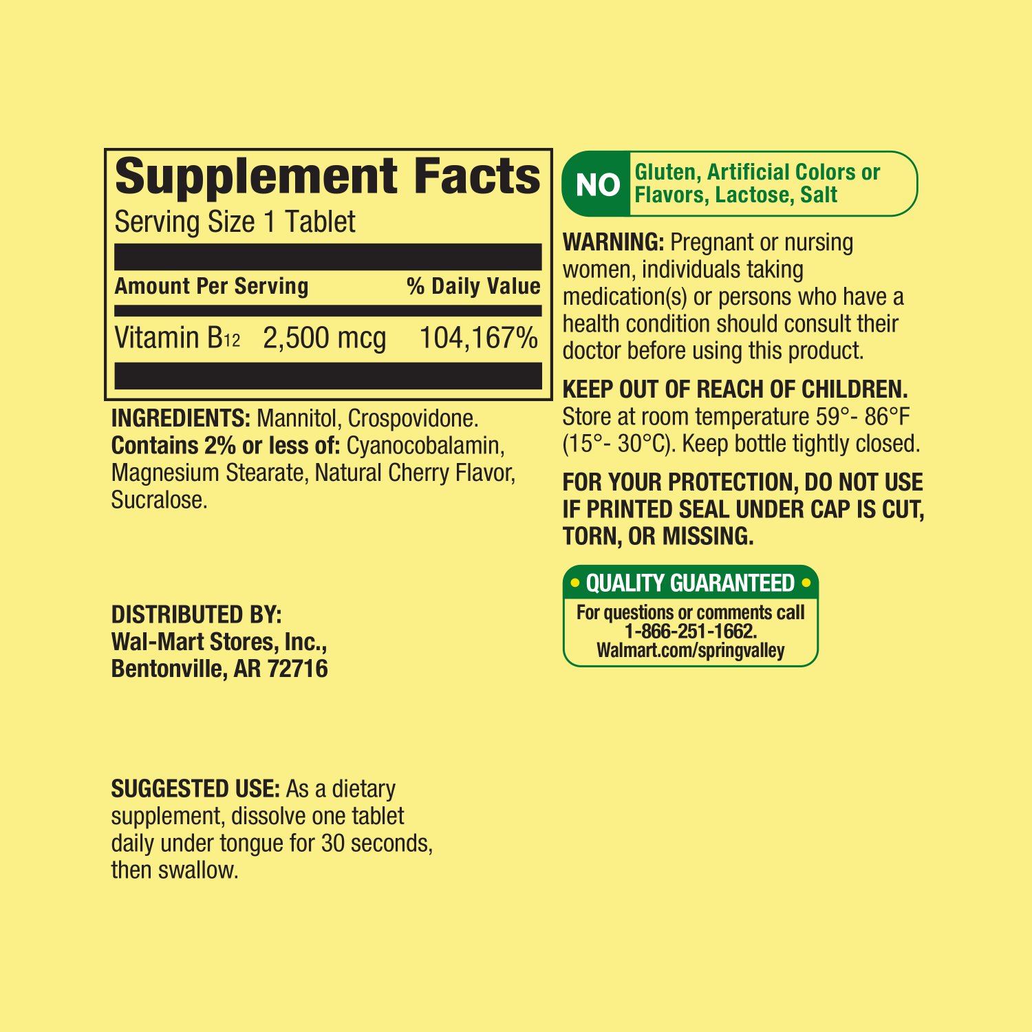 Spring Valley Vitamin B12 QuickDissolve Tablets, 2500 mcg, 120 Count