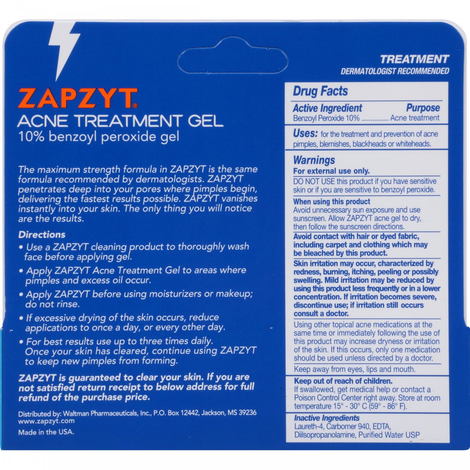 ZAPZYT Acne Treatment Gel, 10% Benzoyl Peroxide, Maximum Strength, 1 oz