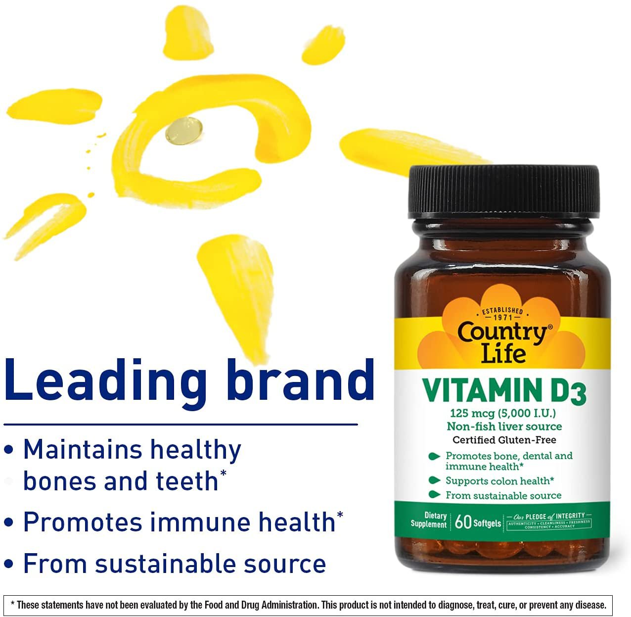 Country Life, Vitamin D3, 125 mcg (5,000 IU), 60 Softgels