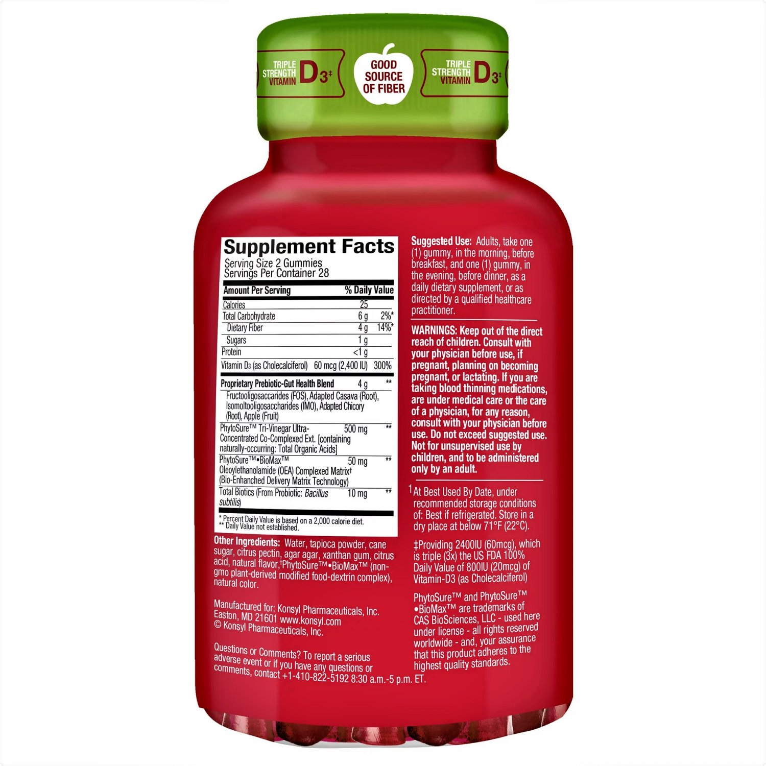Konsyl Gut Health Fermented Fruit Vinegars Fiber Gummies 56 Vegetarian ...