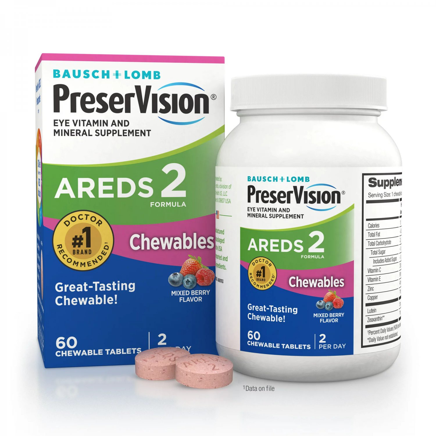 AREDS 2 Formula Eye Supplement with Lutein & Zeaxanthin, Mixed Berry, 60 Chewable Tablets