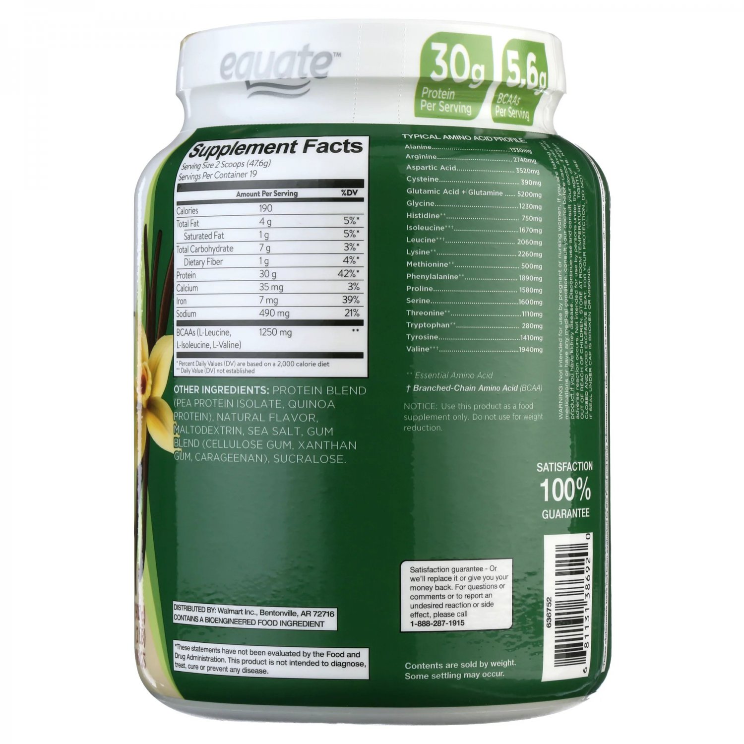 Equate Plant-Based Protein Supplement, Pea & Quinoa Blend, Smooth ...