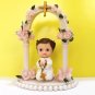 Religious Moment Angelic Girl Praying Under Arch, Flowers and Cross