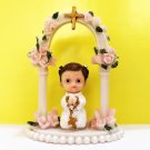 Religious Moment Angelic Girl Praying Under Arch, Flowers and Cross