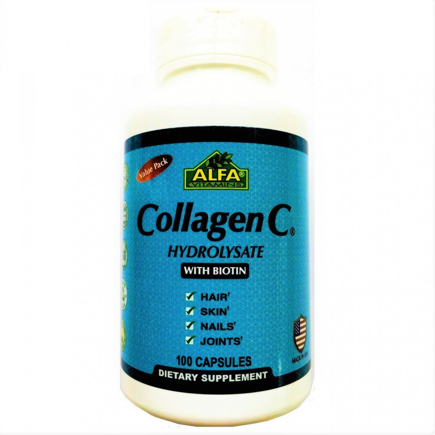 Alfa Vitamins Collagen C Hydrolysate with Biotin Hair Nails Skin Joints 100 Capsules