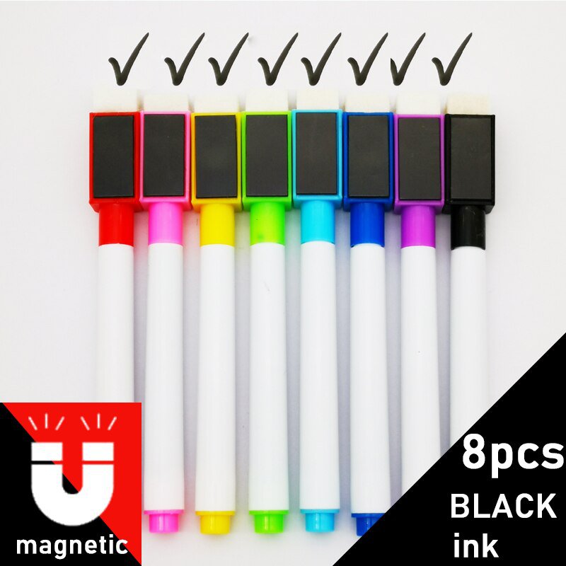 8Pcs/lot Colorful Black School Classroom Supplies Magnetic Whiteboard Pen Markers Dry Eraser Pages C