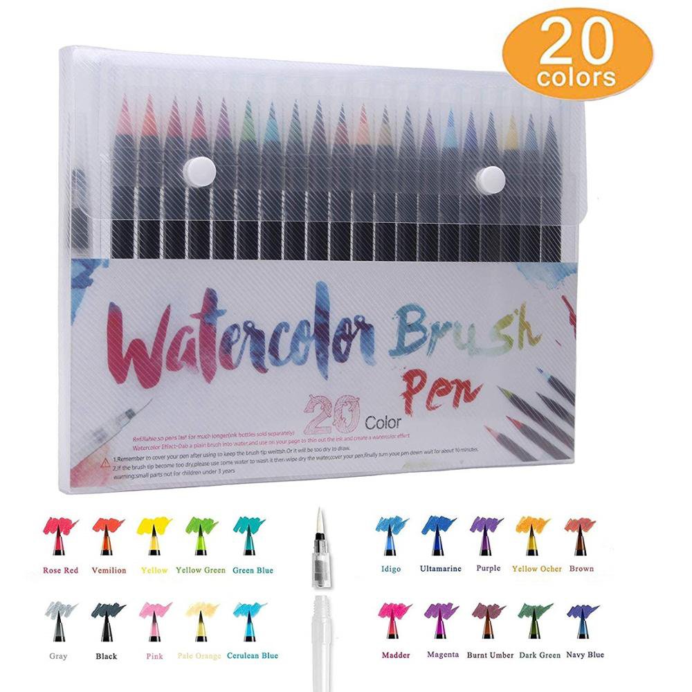 20 Color Watercolor Paint Brush pen set with Refillable water Coloring