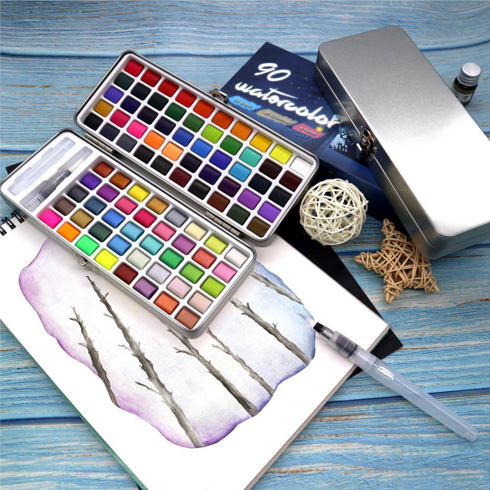 SeamiArt 72/90Color Solid Watercolor Set Basic Neone Glitter Watercolor