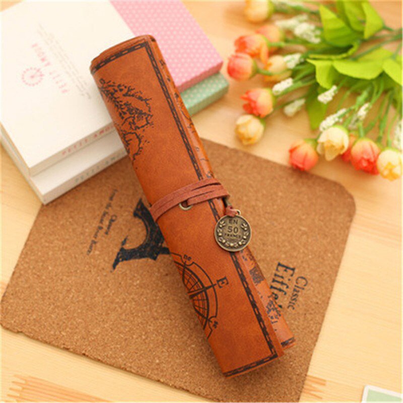 1PCS PU Leather Creative Retro Luxury Treasure Map Pencil Cases Roll Pen Bag Pouch For Stationery Su