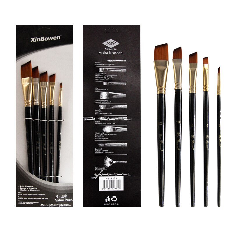5pcs/set Nylon Hair Oil Paint Brush Set Round Filbert Angel Flat Brush Acrylic DIY Watercolor Pen fo