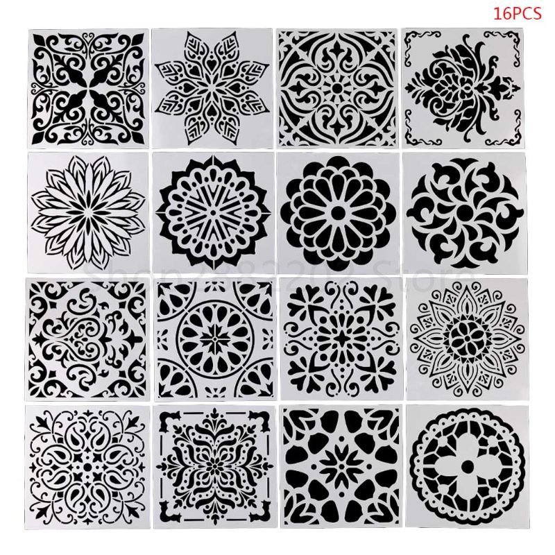 OOTDTY 16pcs/set Mandala Stencil Drawing Template Ruler Stencils For Painting Board DIY Album Decor