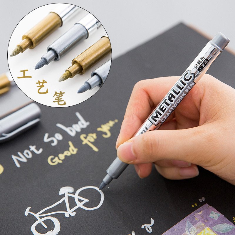 2Pcs DIY Metal Waterproof Permanent Paint Marker Pens Sharpie Gold and Silver 1.5mm Student Supplies