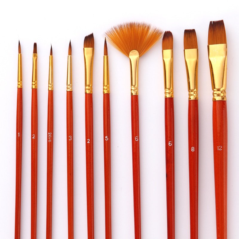 10Pcs Paint Brushes Set Nylon Hair Painting Brush Short Rod Oil Acrylic Brush Watercolor Pen Profess