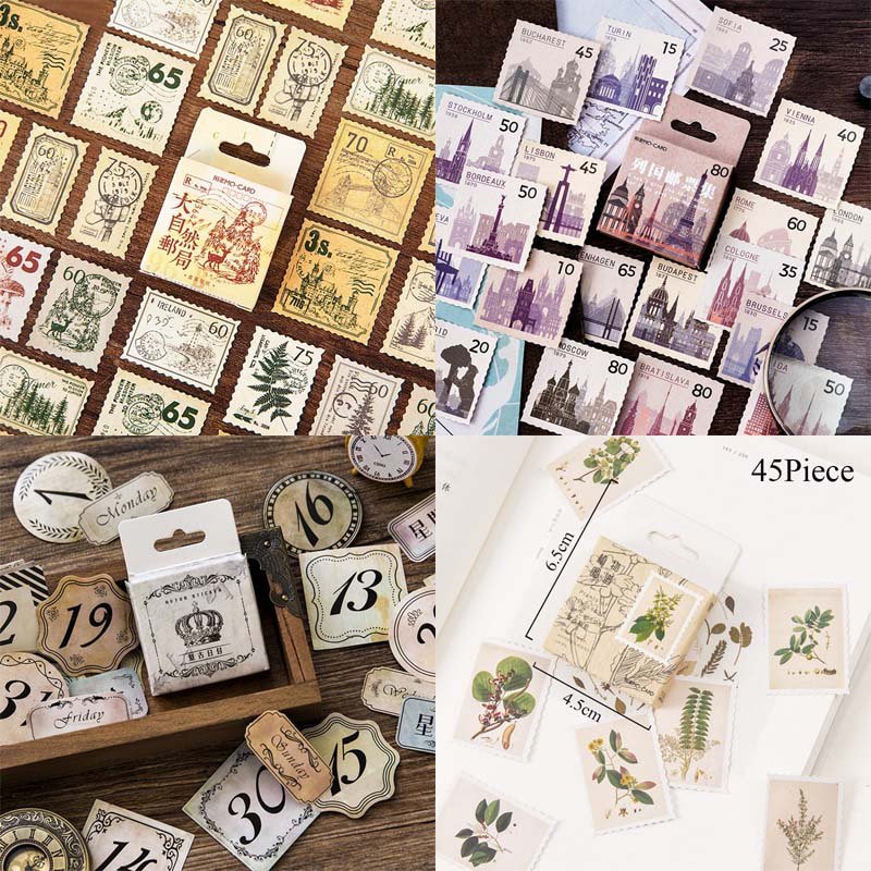 45pcs Box Stationery Stickers Vintage Stamp Sealing Label Travel