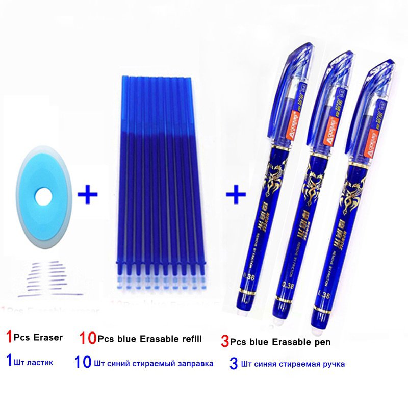 14Pcs/ lot Erasable Refill Rod Washable Handle Erasable Ballpoint Pen 0.38mm Blue Black Ink School O