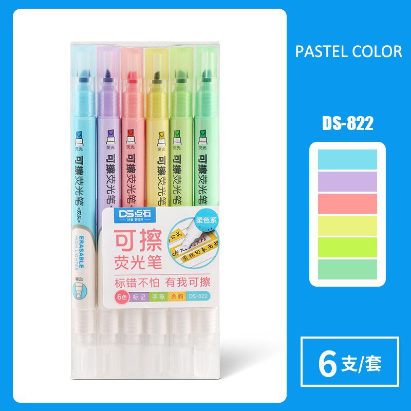 6 Colors Erasable Highlighters Pastel Markers Dual Tip Fluorescent Pen