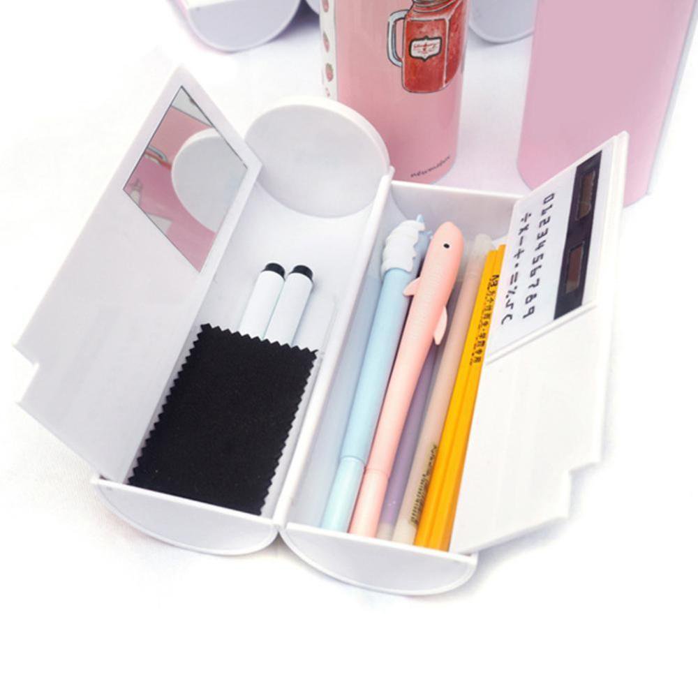 NEW Kawaii Pencil Case Double Layer Pen Box With Mirror Calculator