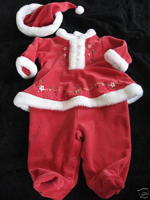 CHRISTMAS VELVET MARABOU TRIM OUTFIT HAT LOT 3-6MO TWIN