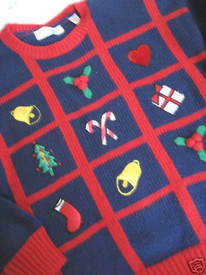 UGLY PURPLE TIC TAC TOE CHRISTMAS SWEATER POM POMS  L