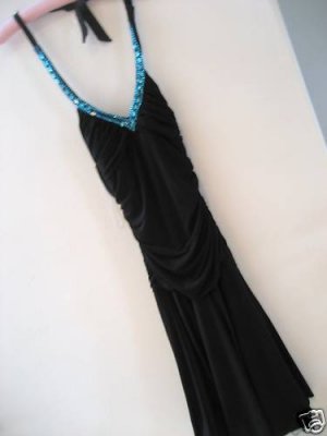 NEW TRIXXI BLACK JEWELED FLOUNCE HALTER PADDED DRESS M