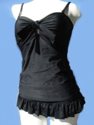 RETRO VAMP SLIM SHIRRED LONG RUFFLE TANKINI SWIMSUIT