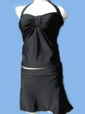 NEW RETRO BANDEAU TANKINI SWIMSUIT SET+SKIRT LOT BLACK