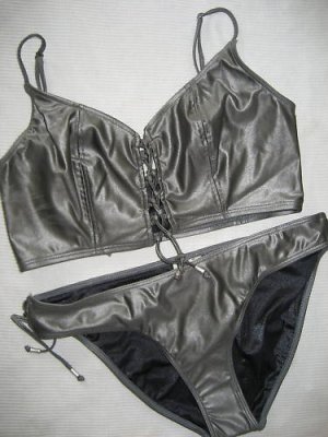 LIQUID GUNMETAL GOTH LACED CORSET BOYSHORT BIKINI  M