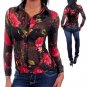 SeXy 100% BLACK SILK FITTED SHEER BLOUSE RED ROSES