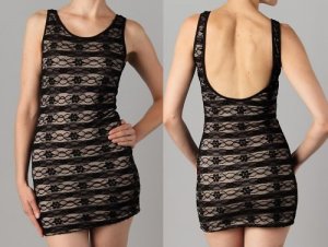 NeW WOMENS BLACK LACE NUDE OPEN BACK MiNi DRESS S M L