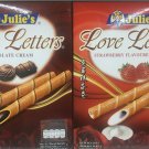 10 X 50G Julie's Love Letters Chocolate/Strawberry Wafer Sticks Biscuits Snacks 10 X 50G Julie's Love Letters Chocolate/Strawberry Wafer Sticks Biscuits Snacks