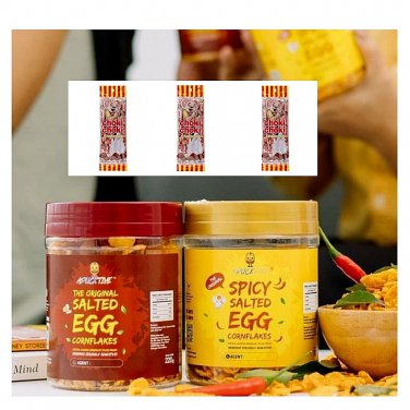 Spicy Salted Egg Cornflakes 6PCS X 220G HALAL and free Choki Choki Choc Stick
