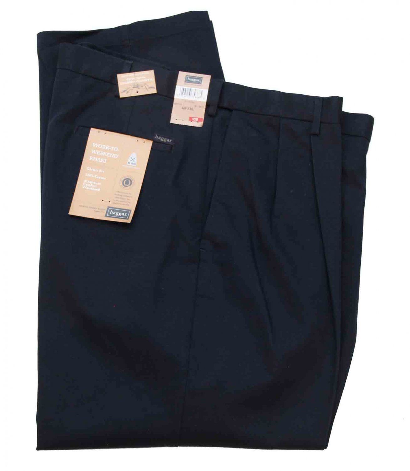 Haggar Work-To-Weekend Chinos Pants Khakis Navy Blue Pleated No-Iron ...