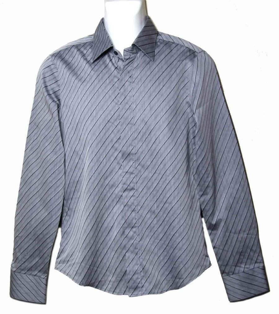 Sisley Italian Cotton Shirt Gray Striped Men's Size Slim Fit Medium