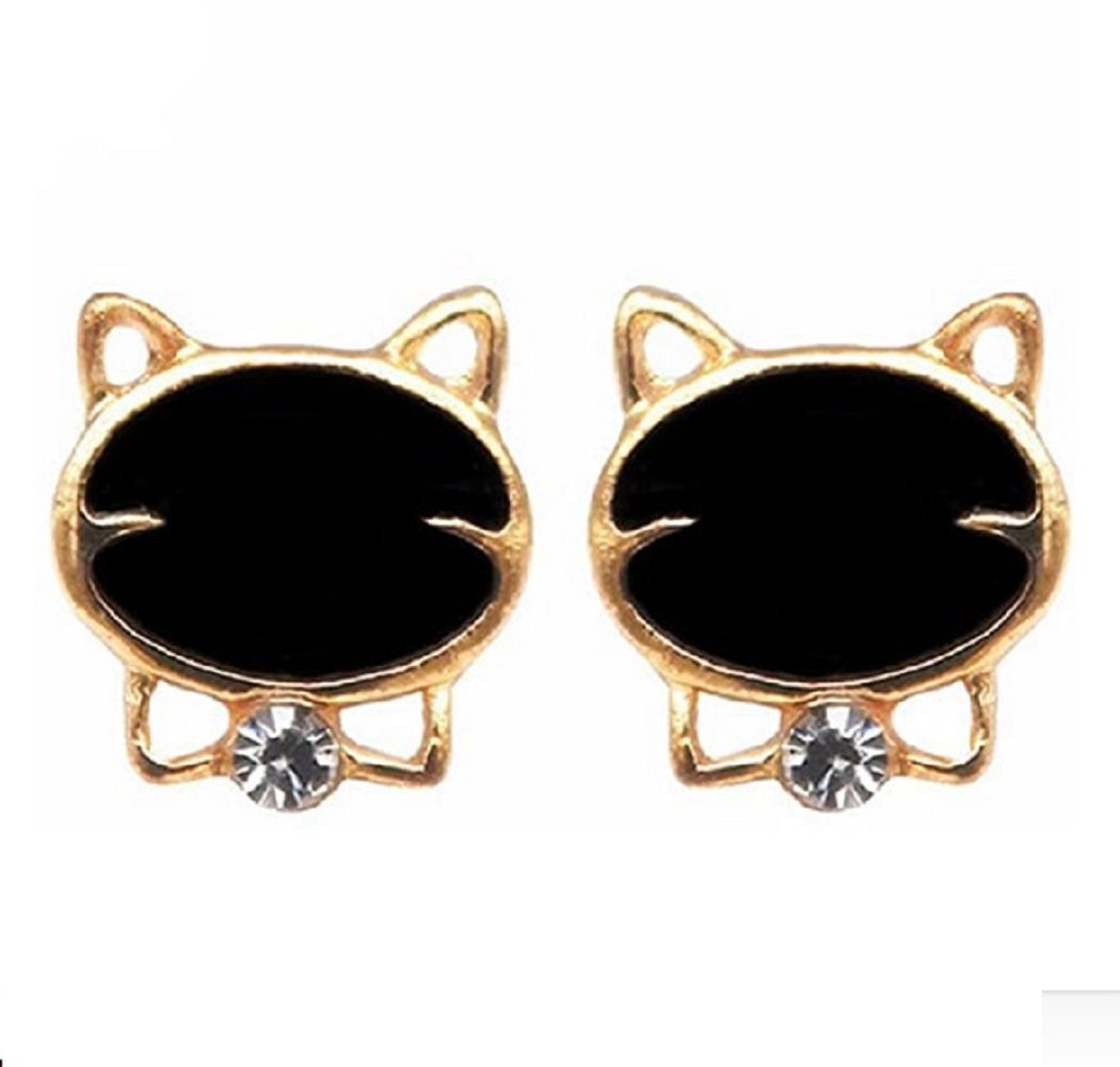 Gold Black Clear Crystal Cat Earrings