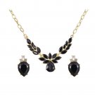 Gold Black Crystal Flower Necklace and Earrings set