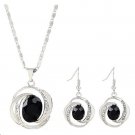 Silver  Blak CZ Circle Pendant Necklace and Earrings Set