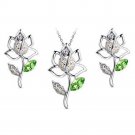 Silver Green and Multicolor Crystal Rose Flower  Pendant and Earrings Set