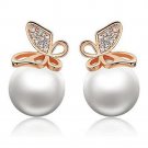 Gold White Pearl Clear Crystal Butterfly Stud Earrings