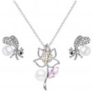 Silver Pink and Multicolor Crystal White Pearl Flower and Bee Pendant Necklace and Earrings Sets