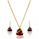 Gold Red Crystal Triangle Geometric Design Pendant Necklace and Earrings Set